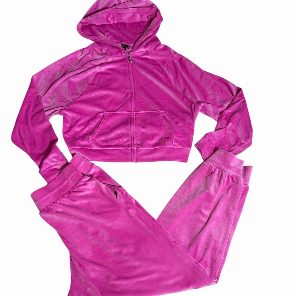 Victoria's Secret Women's Pink Velour Tracksuit Set S/M Hoodie & Pants